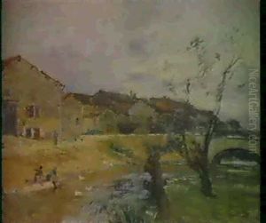 Village Au Bord De Riviere by Edmond Marie Petitjean