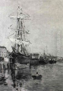 Le Trois-mats Au Port; Le Havre by Edmond Marie Petitjean