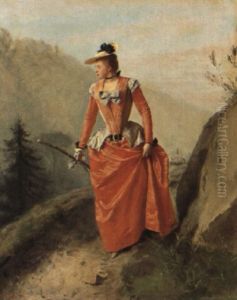 Dame Mit Rotem Kleid Auf Einem Gebirgspfad