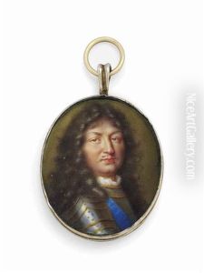 Louis Xiv (1638-1715), King Of France, In Gilt-bordered Silver Armour, Wearing The Blue Moire Sash Of The Royal French Order Of The Saint Esprit by Jean Petitot the Elder