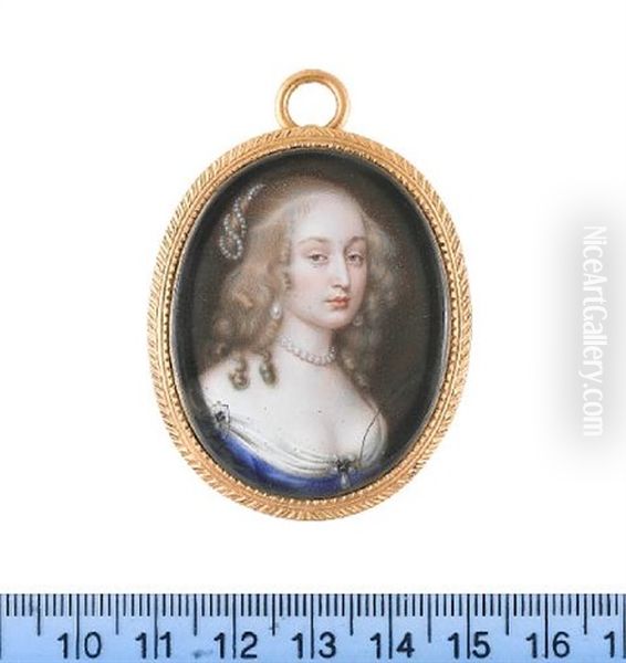 A Lady, Wearing Blue Robe And White Underdress, Pearl And Sapphire Jewels At Her Shoulder And Corsage, Pearl Necklace And Pendent Earrings, Her Fair Hair Dressed With A Strand Of Pearls - view 1