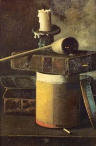 Still Life Of Books, A Candlestick, A Pipe And A Canister