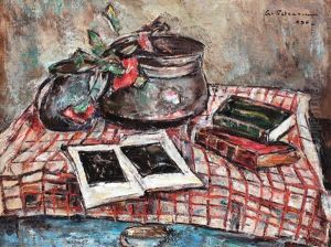 Natura Statica Cu Album De Arta, Vase, Flori Si Carti by Petrascu Gheorghe