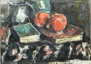 Still Life Whit Apples And Books, Oil On Cardboard by Petrascu Gheorghe