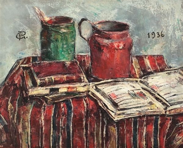 Still Life With Paintbrushes, Books And Carafe - view 1