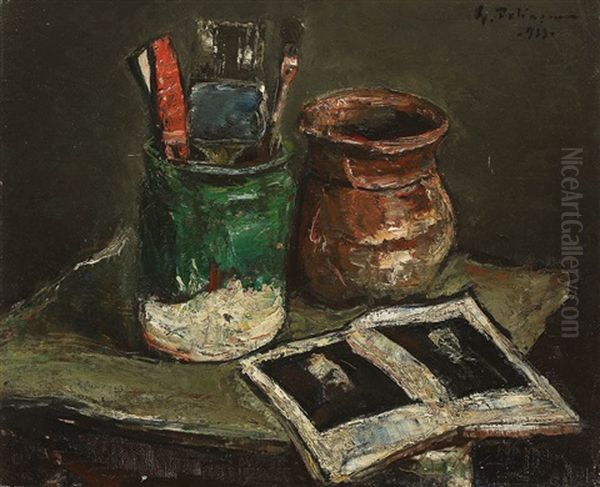 Still Life With Pot, Brushes And Art Book - view 1