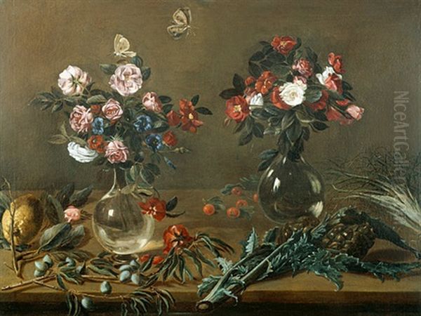 Stilleben Mit Blumenvasen; Artischocken Und Obst - view 1