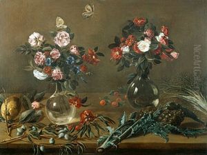 Stilleben Mit Blumenvasen; Artischocken Und Obst