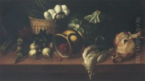 Still Life Of Eggs And Asparagus In A Wicker Basket, Together With Raspberries In An Upturned Jug, Turnips, Cabbages And Others, Upon A Table Top