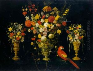 Tulips, Carnations, Irises, Daffodils, Hyacinths And Other Flowers In Three Silver-gilt Standing Cups With Parrot And Squirrel