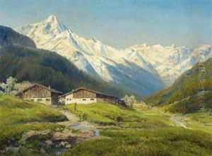Tal Im Fruhling, Im Hintergrund Berge Im Schnee