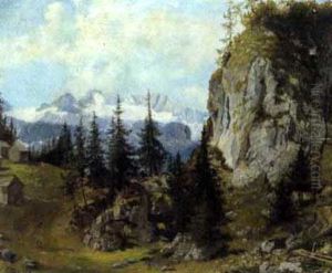 Blick Von Einer Alm Auf Schneebedeckte Berge