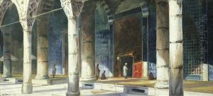 An Interior View Of Hagia Sophia, Istanbul Together With Two Exterior Views Of The Blue Mosque By The Same Hand by Wladimir Petroff