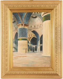 Interior Of The Sultan Ahmed Ii Mosque, Instanbul (+ The Rustem Pacha Mosque; Pair) by Wladimir Petroff