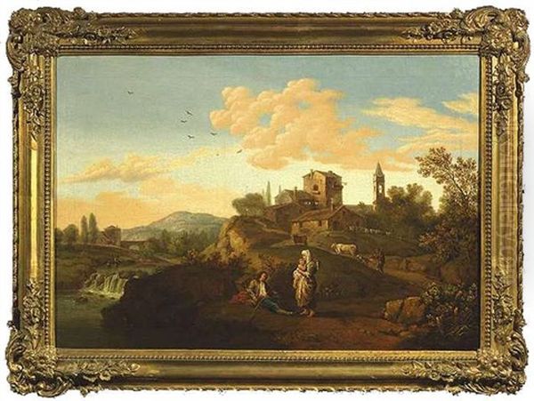 Italienische Fluslandschaft Mit Einem Dorf Und Rastenden Landleuten - view 1