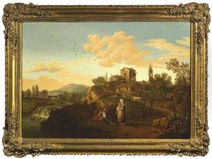 Italienische Fluslandschaft Mit Einem Dorf Und Rastenden Landleuten by Vassili Petrovich Petrov