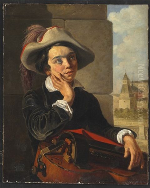 A Young Musician In Deep Thoughts In Front Of The Kremlin Walls - view 1