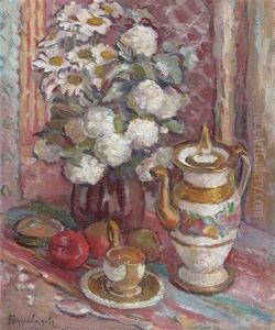 Still Life Of Flowers In A Vase With A Teapot by Petr Ivanovich Petrovichev