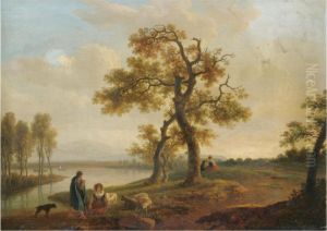 A River Landscape With Peasants Resting By The Water With Their Sheep by Jean-Baptiste Bocquet