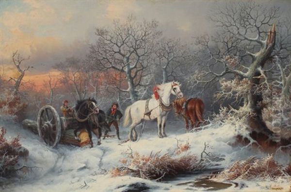 Winter Genre Painting With Loggers And Work Horses - view 1