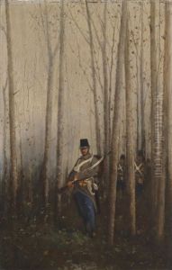 Wald Mit Soldaten by August Xaver Karl von Pettenkofen