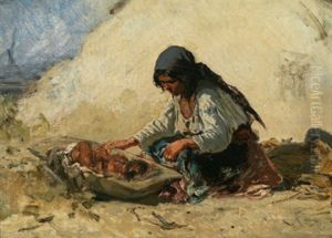 Zigeunermadel, Ein Kind In Einer Mulde Wiegend Zigeunermadel, Ein Kind In Einer Mulde Wiegend