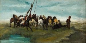Pusztalandschaft Mit Pferden by August Xaver Karl von Pettenkofen