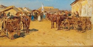 Markttag In Einem Ungarischen Dorf by August Xaver Karl von Pettenkofen