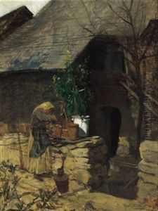 Frau Mit Topfpflanzen Vor Einem Bauernhaus