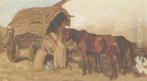Horses Beside A Wagon - view 1