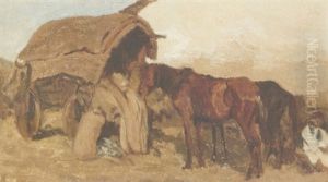 Horses Beside A Wagon by August Xaver Karl von Pettenkofen