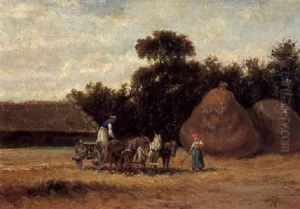 Ungarischer Bauernhof Mit Baumen Und Strohschobern by August Xaver Karl von Pettenkofen