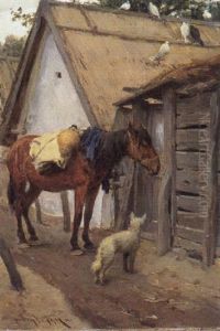 Pferd Und Hund In Der Dorfstrase Pferd Und Hund In Der Dorfstrase