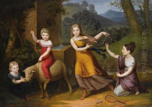 Portrait Of Four Children, Full Length, In A Landscape, With A Sheep And Turtle Doves - view 1