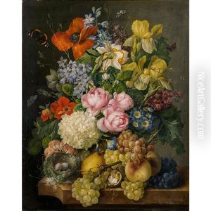 Bouquet Of Flowers : Roses, Irises, Hortensias, Poppies, Black Grapes, Peaches, Pairs, Butterflies And A Nest