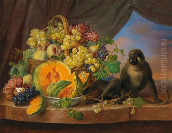 Still Life With Basket Of Fruit Filled With Grapes - view 1