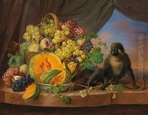 Still Life With Basket Of Fruit Filled With Grapes by Franz Xaver Petter