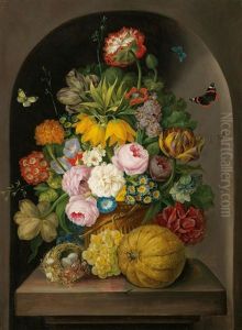 A Still Life Of Flowers With Fruits And A Bird Nest