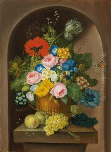 A Floral Still Life With Grapes And Apples