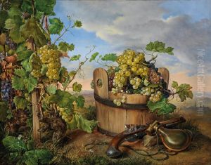 Large Still Life With Grapes, Flintlock Pistol And Powder Flask, A Church In The Background