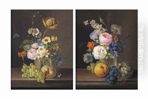 A Tulip, Roses, Daffodils, Morning Glory And Other Flowers In A Glass Vase, With White Grapes, A Peach And A Butterfly (+ Another, Similar; Pair)