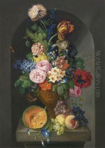 A Bronze Urn Of Flowers, With A Melon, Peaches And Grapes, A Butterfly And A Caterpillar