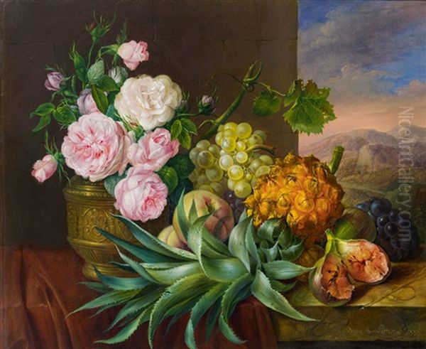 Stillleben Mit Rosen, Trauben, Feigen Und Ananas - view 1