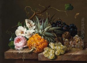 Blumen- Und Fruchtestillleben Mit Ananas, Weintrauben