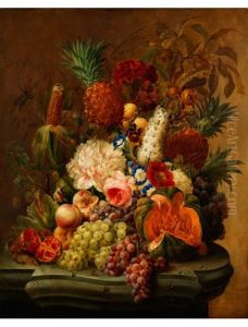 Grosses Blumenstilleben Mit Ananas, Kurbis, Mais Und Obst