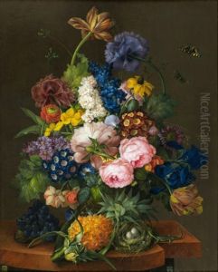 Bouquet De Fleurs, Ananas Et Nid Sur Un Entablement