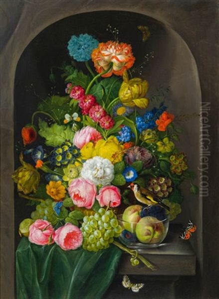 Groses Blumenstuck Mit Fruchten Und Stieglitz - view 1