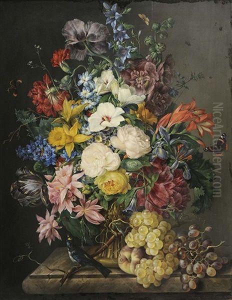 Still Life, With Spring And Summer Flowers, A Songbird And Fruit - view 1