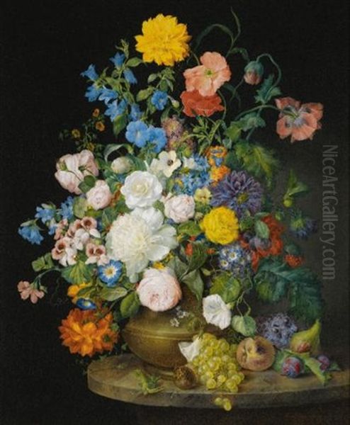 A Vase Of Camellias, Geraniums, Dahlias, A White Peony, Roses, Poppies And Other Flowers, With Fruit On A Stone Ledge - view 1