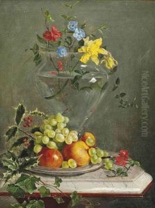 Holly, Ivy, Grapes, Apples And Oranges In A Bowl By A Vase Of Flowers Including Daffodils And Phlox, On A Marble Ledge by Franz Xaver Petter